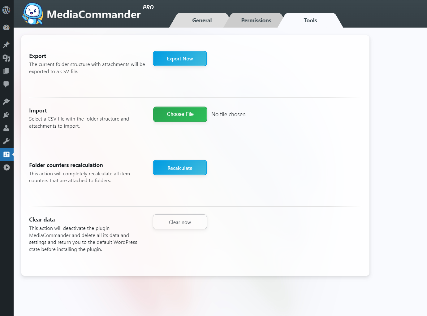 Tools: import/export and special actions