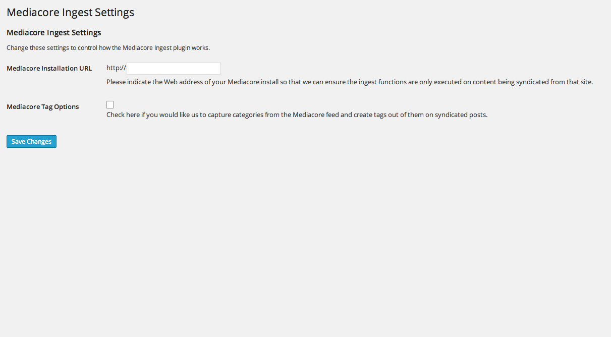 Settings screen for Mediacore Ingest plugin.
