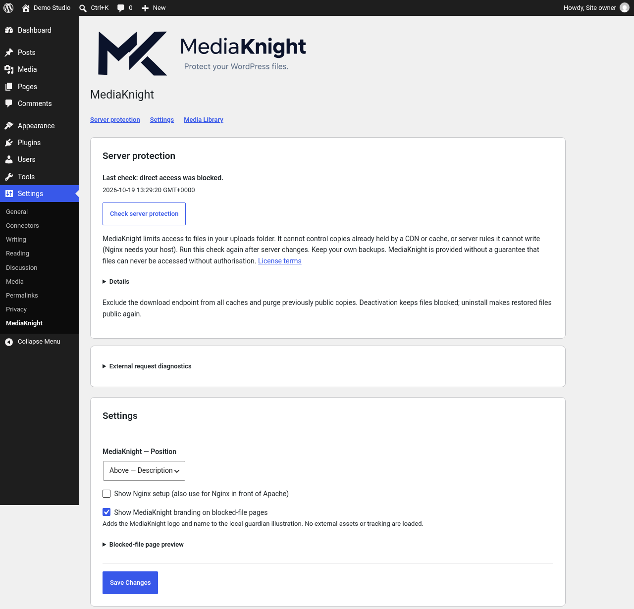 Settings > MediaKnight: the server protection check confirms that direct links are blocked on your hosting, with the Nginx setup option and optional blocked-file branding.