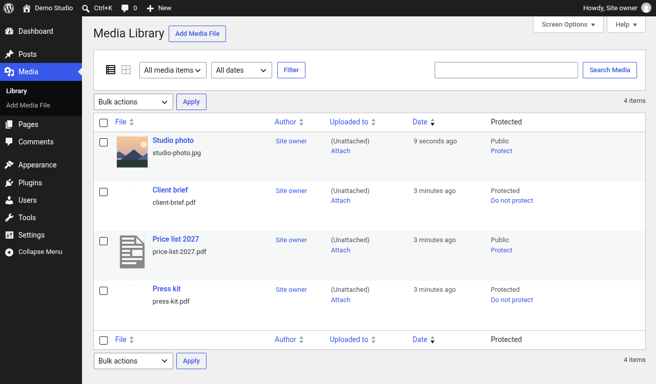 The one-click Protect action and protection status in the normal Media Library list.