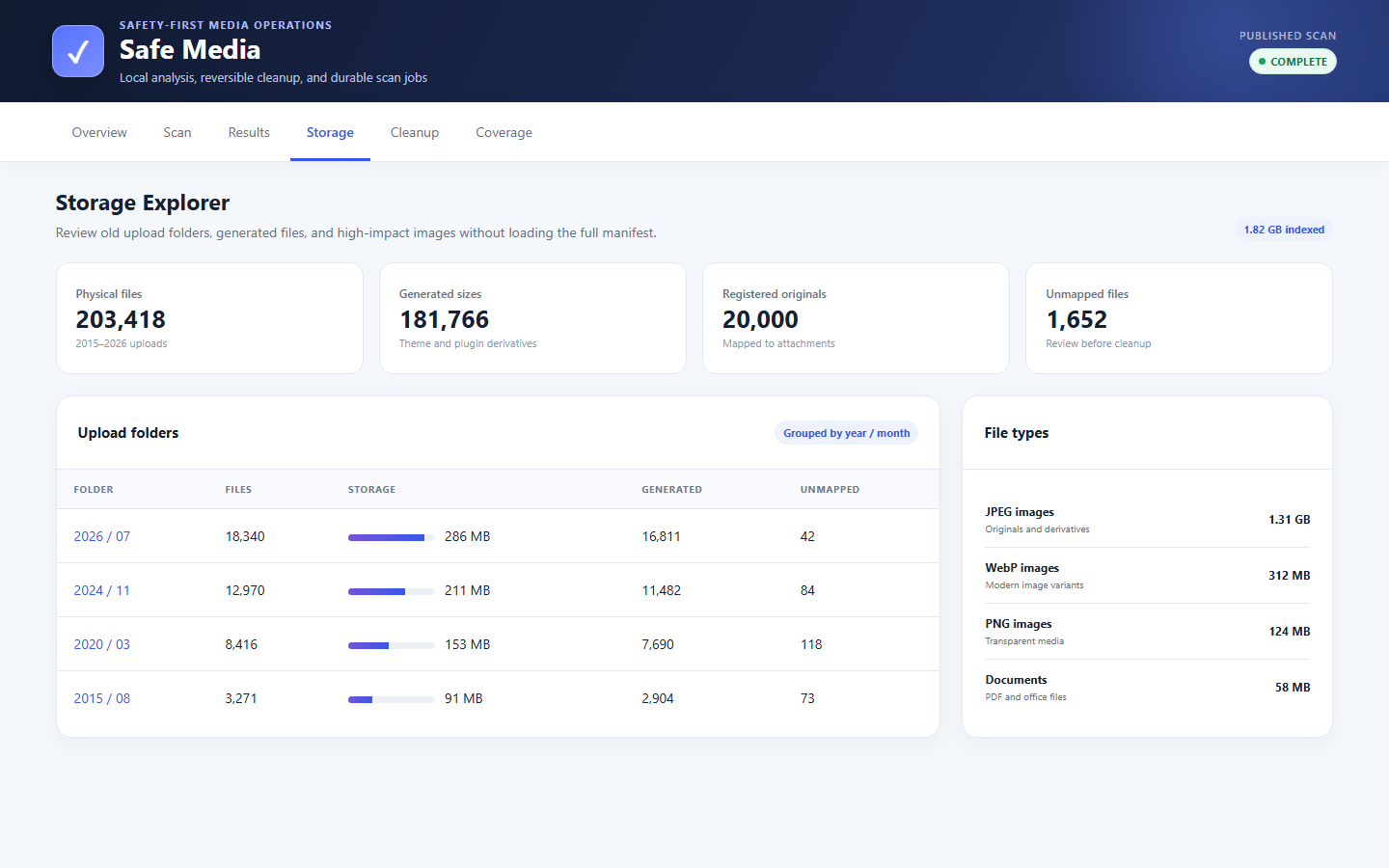 Storage Explorer for upload-year, file-type, generated-size, and large-image analysis.