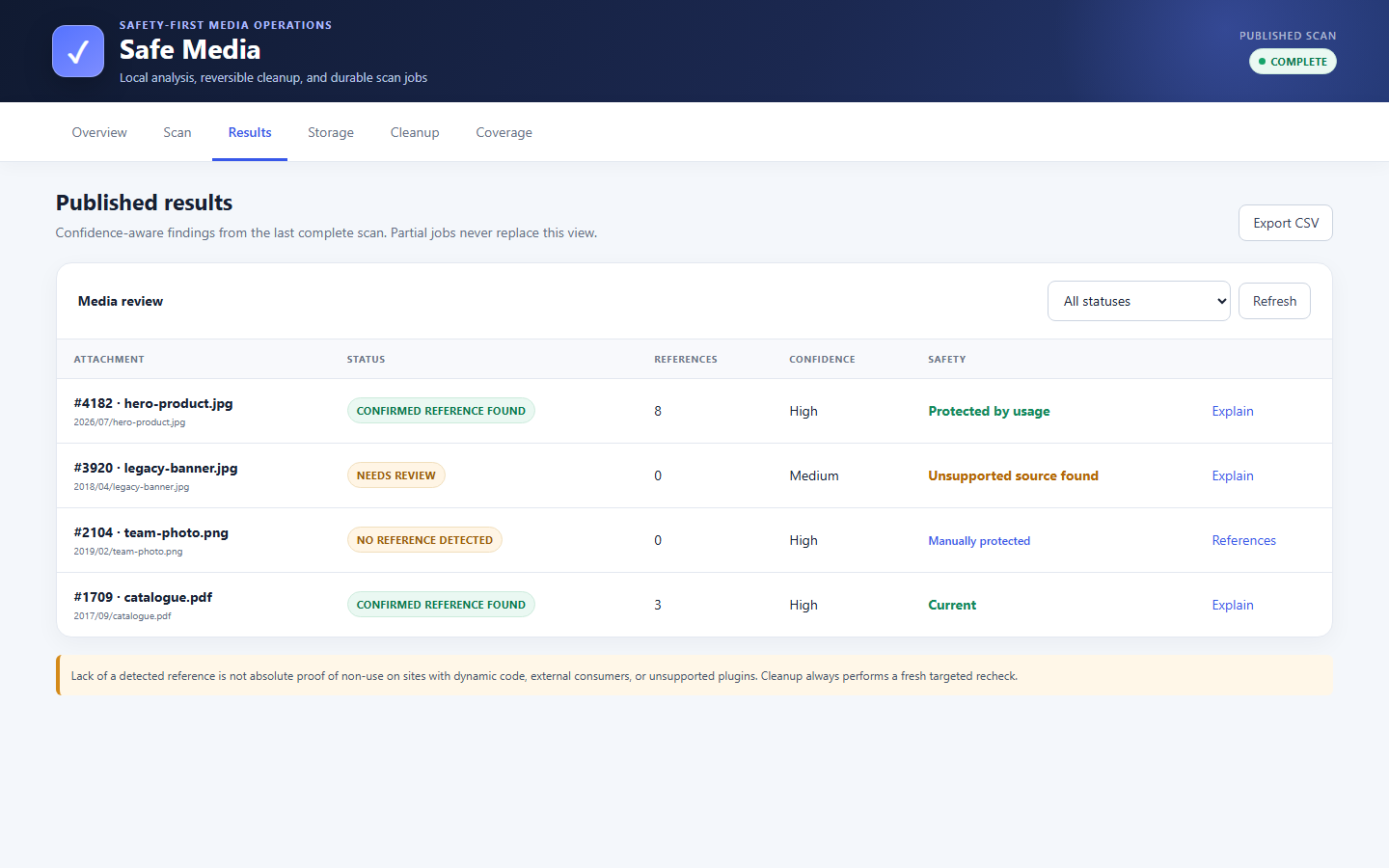 Results review with references, confidence language, protection, and cleanup actions.
