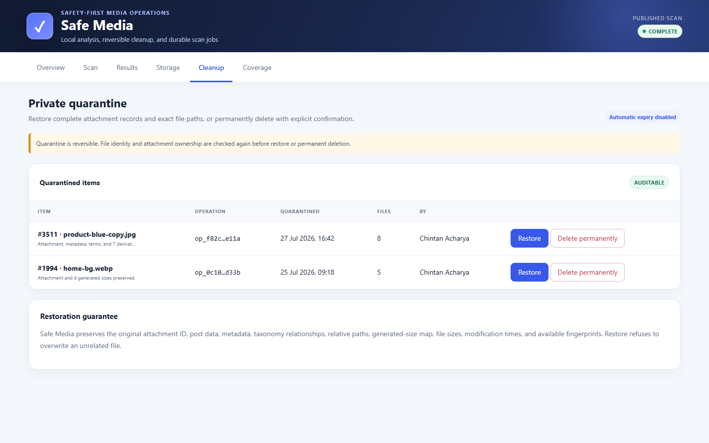 Quarantine manager with restoration records and explicit permanent-delete controls.