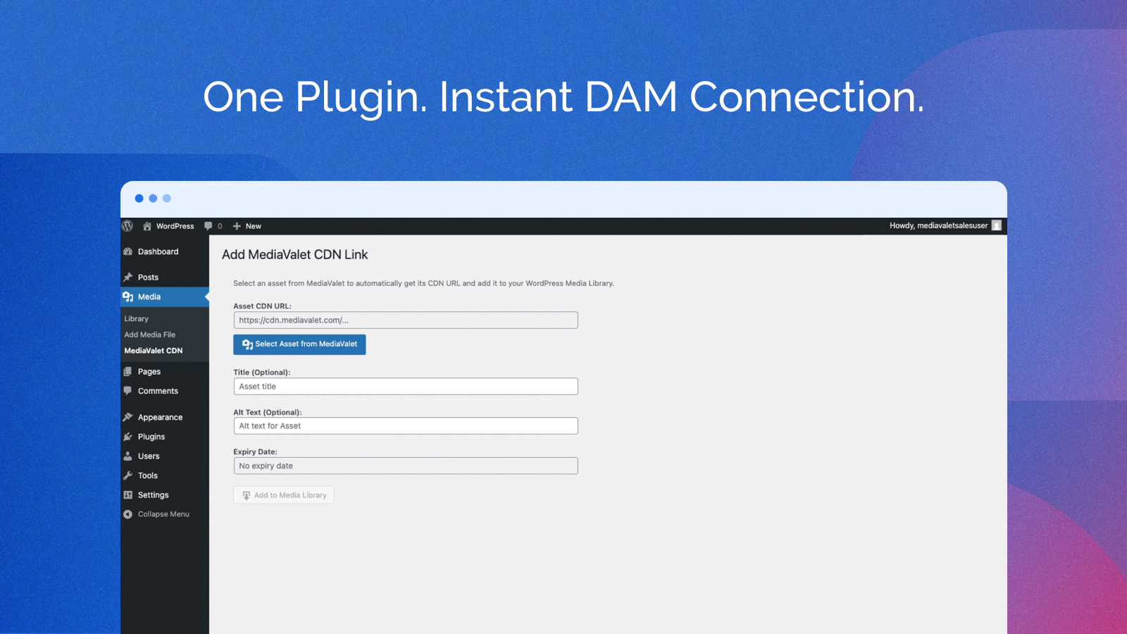 MediaValet assets appear directly in the standard WordPress Media Library — once added via CDN, your entire team can select and reuse them just like any locally uploaded file.