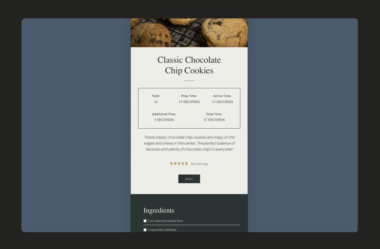 A published Recipe card in the New Modern Elegant style.