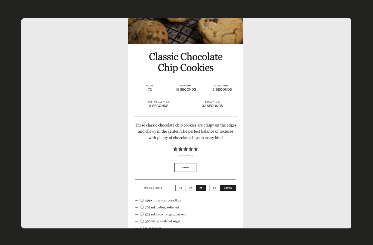 A published Recipe card in the New Editorial style.