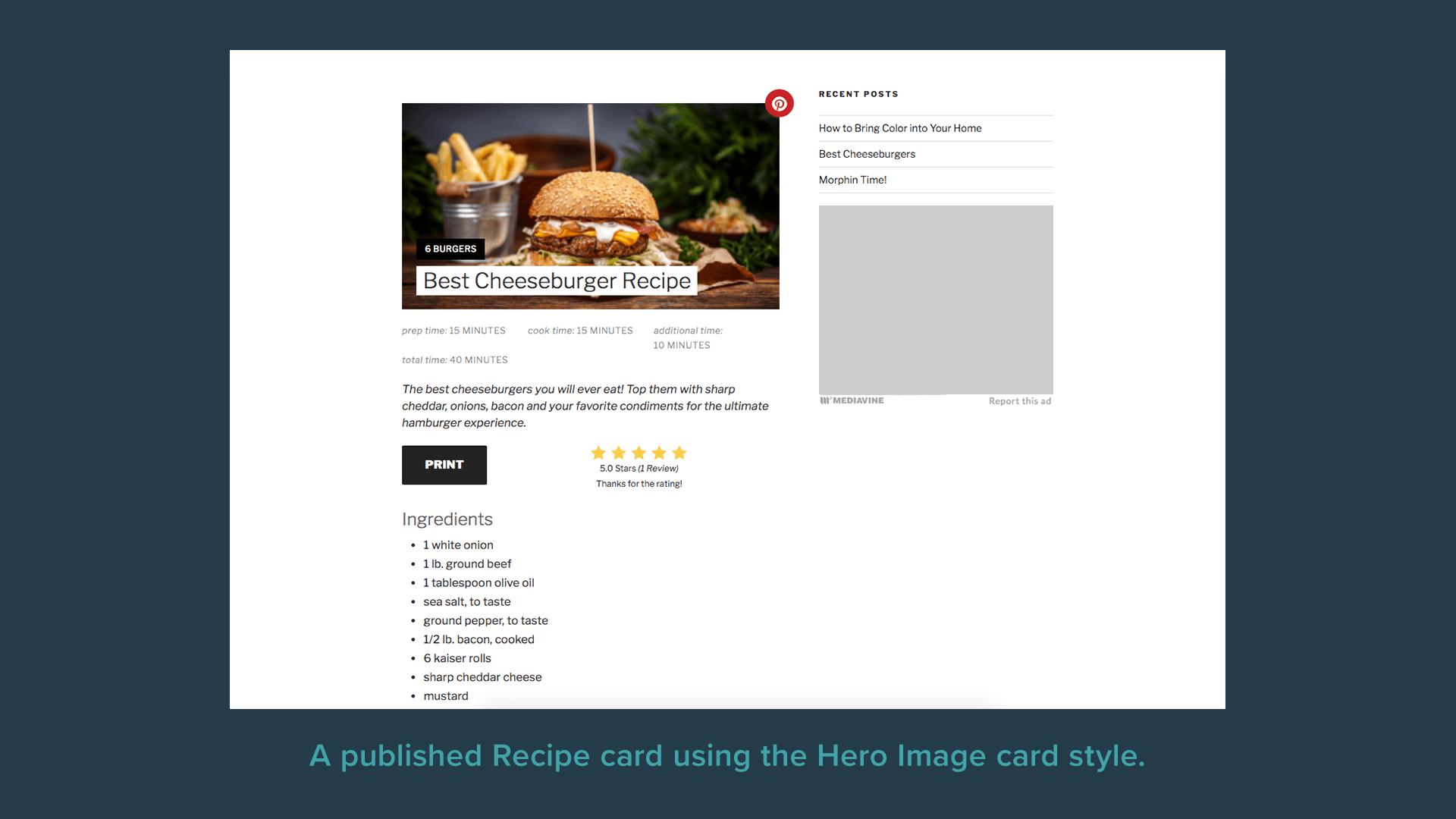 A published Recipe card using the Hero Image card style.