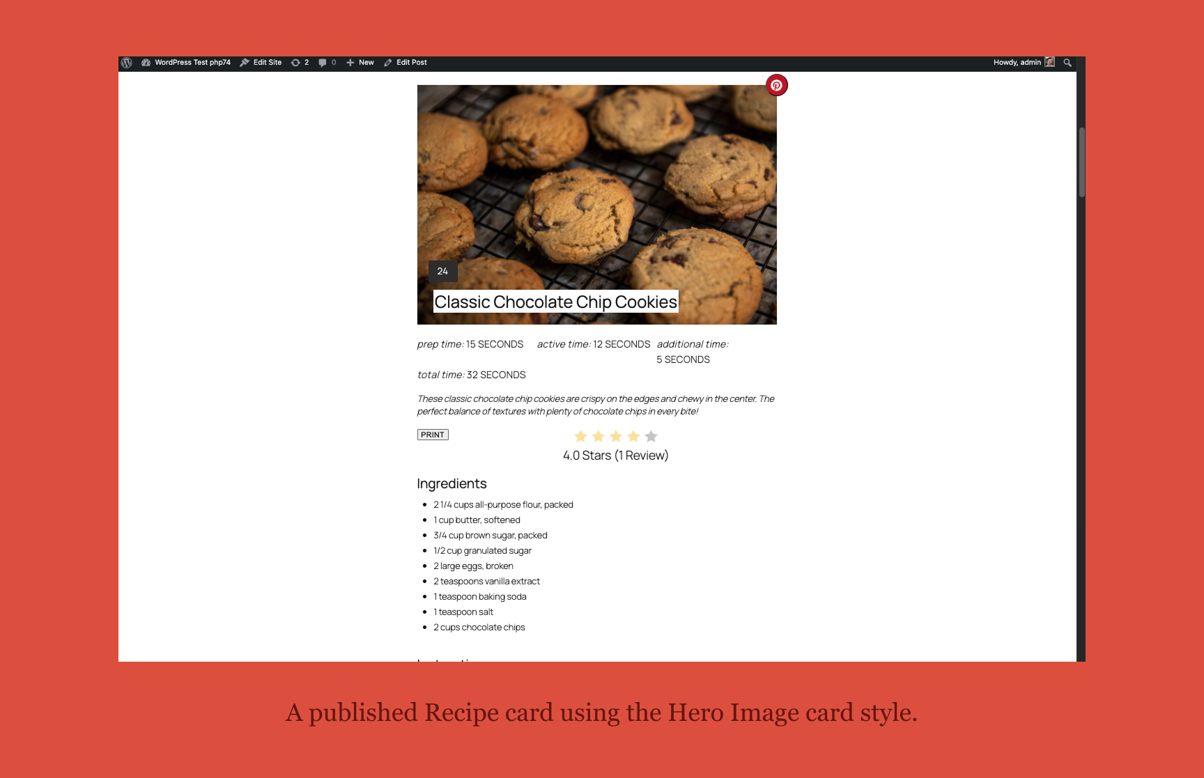 A published Recipe card using the Hero Image card style.