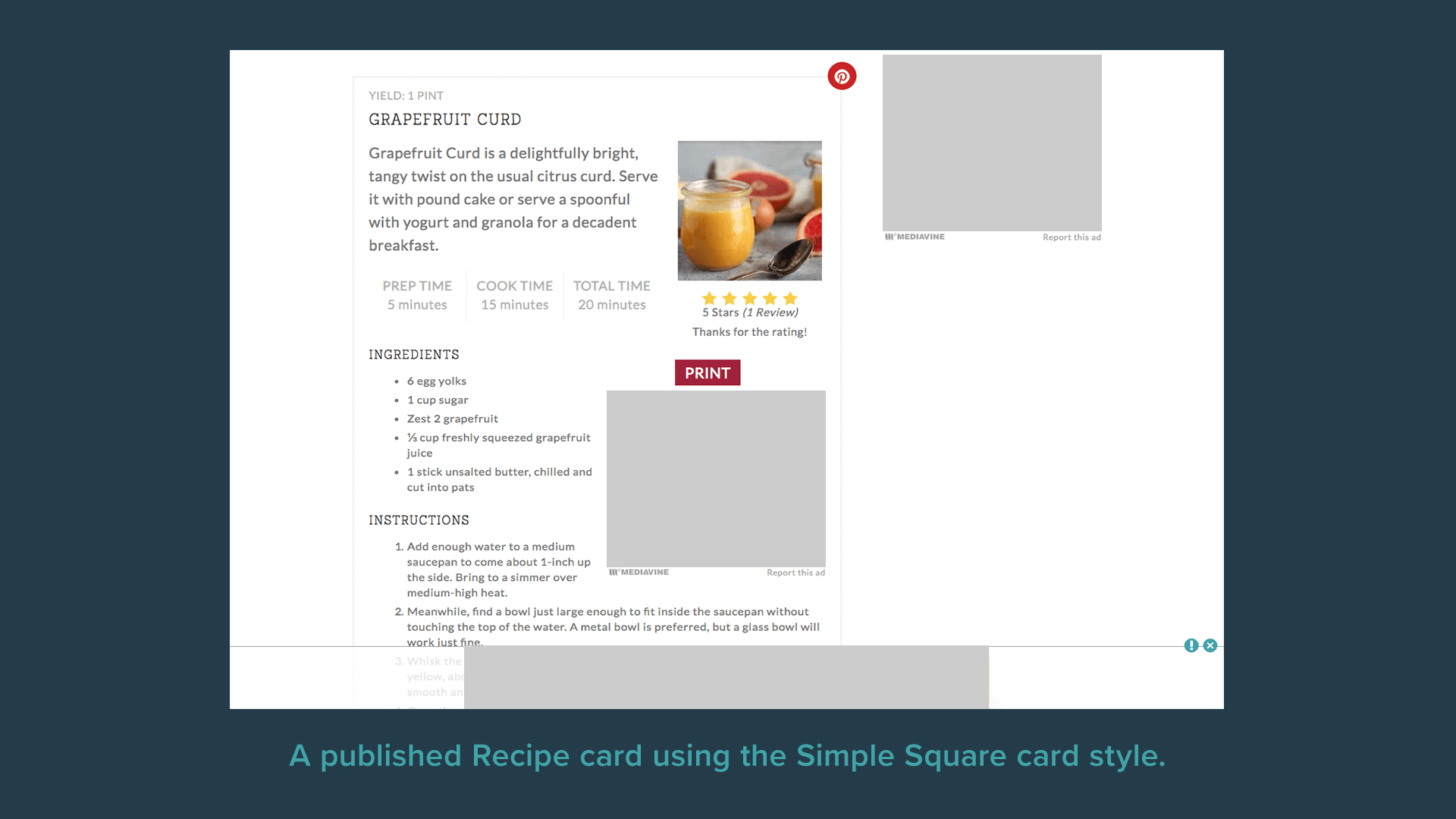 A published Recipe card using the Simple Square card style.