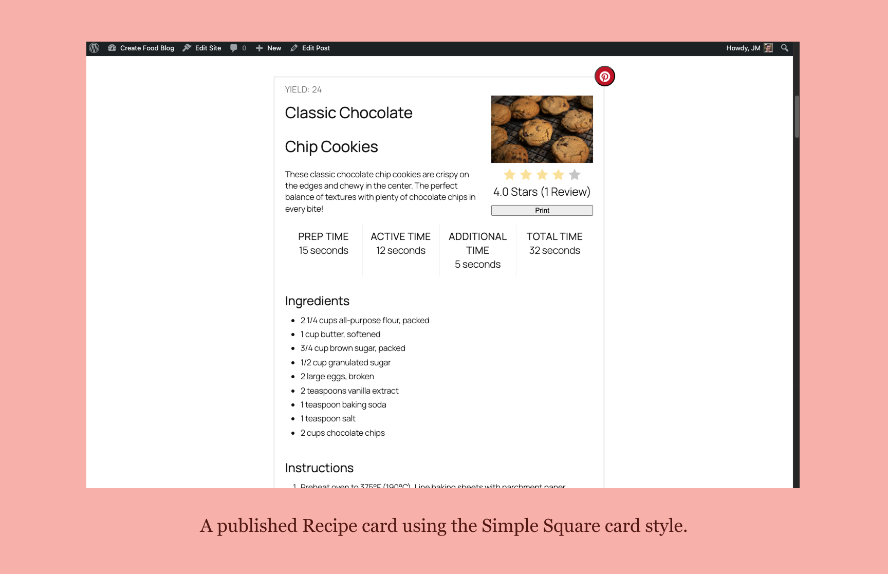A published Recipe card using the Simple Square card style.