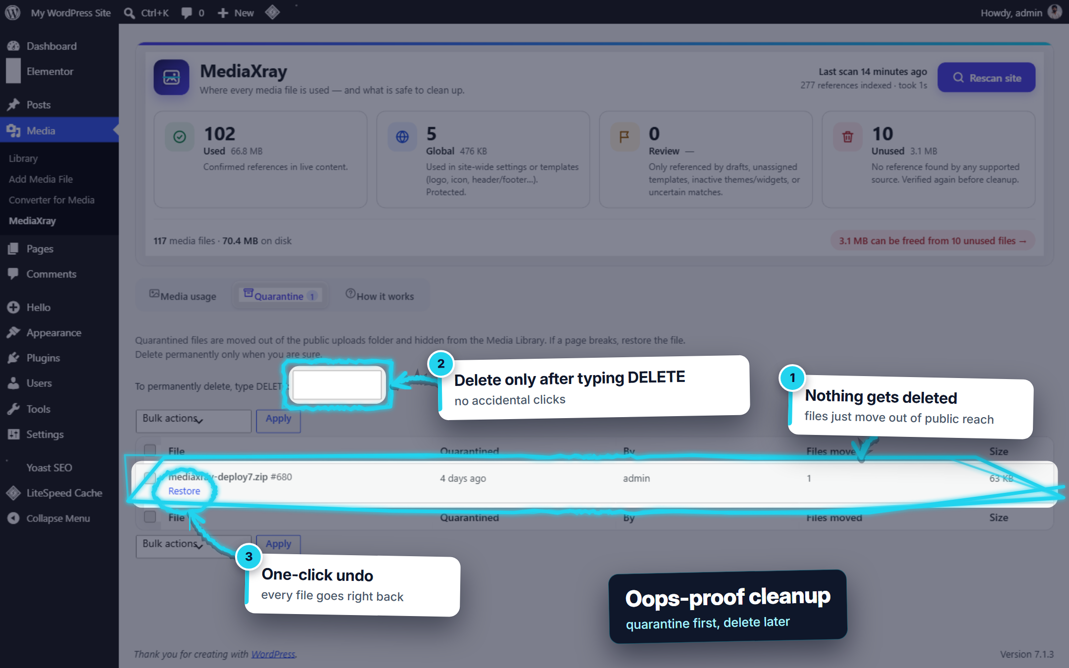 Quarantine: restore or permanently delete reviewed files.