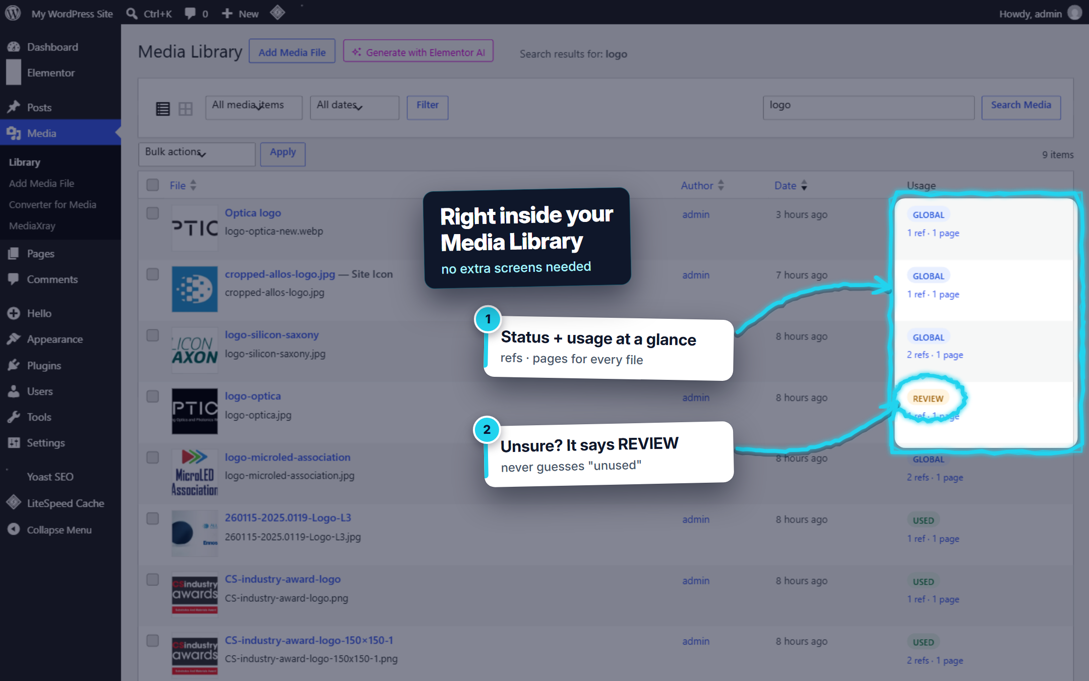 Media Library integration: usage column and attachment details panel.