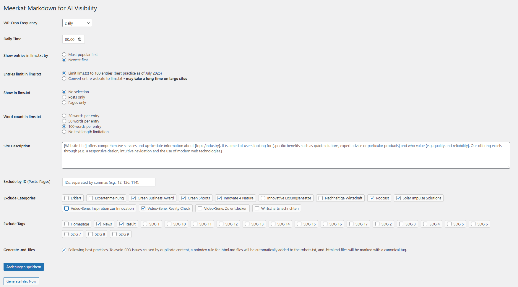 Settings page with Generate and Save Changes buttons plus cron frequency selection.