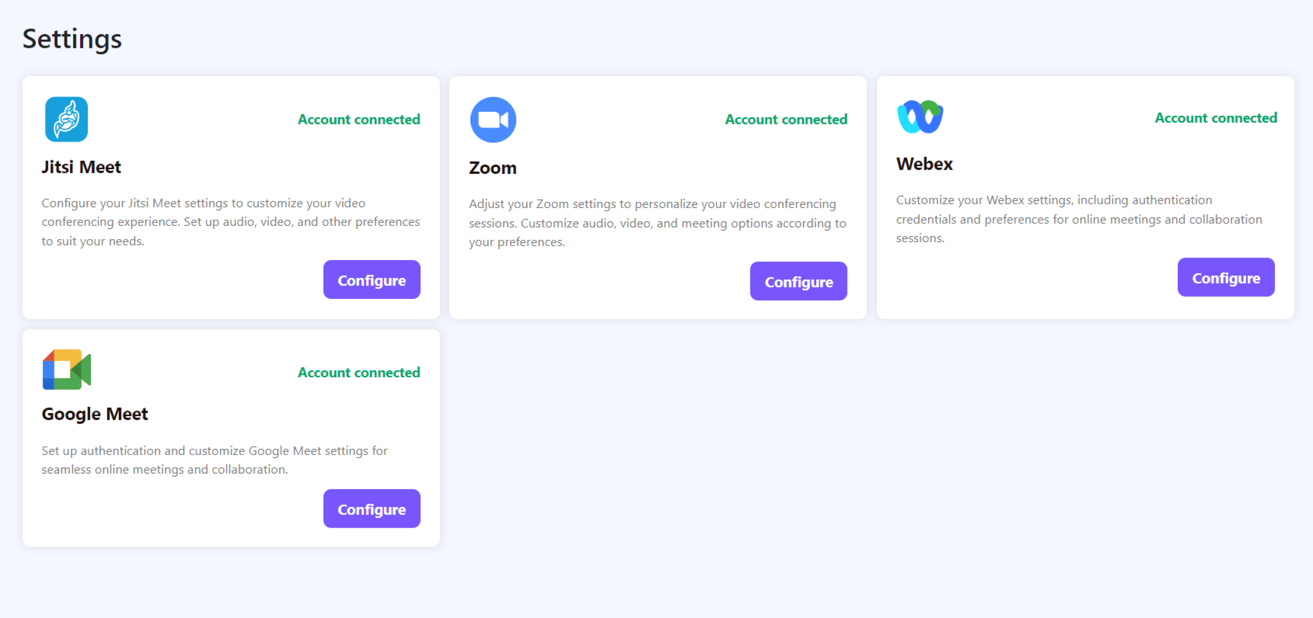 All-in-One Integration with Zoom, Google Meet, Jitsi, Webex