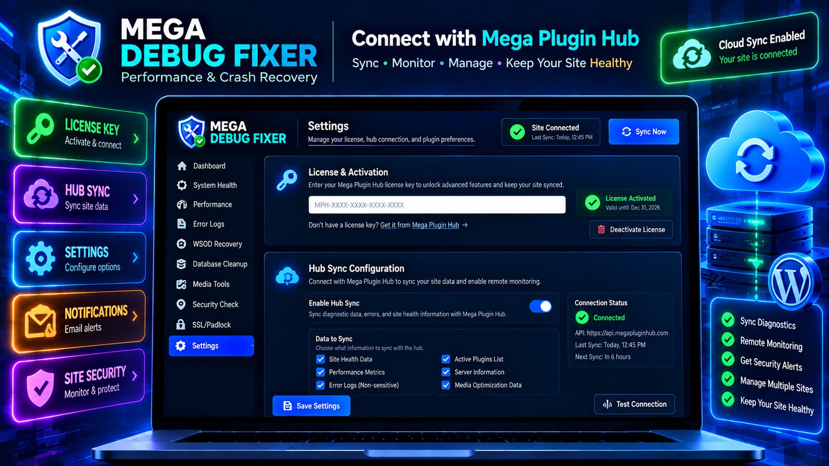 Settings - License key and Hub sync configuration