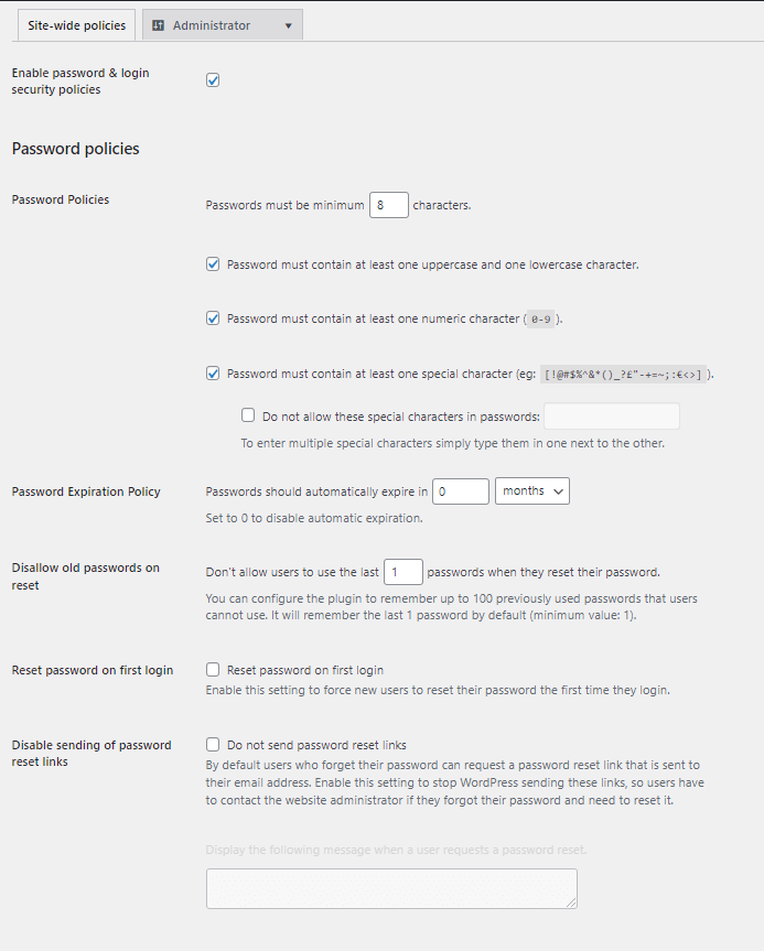 The configurable login security policies in the plugin.
