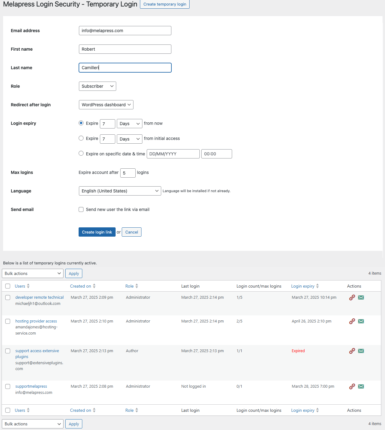 <p>Easily create temporary secure logins without passwords that automatically expire after a specific period or a number of use.</p>