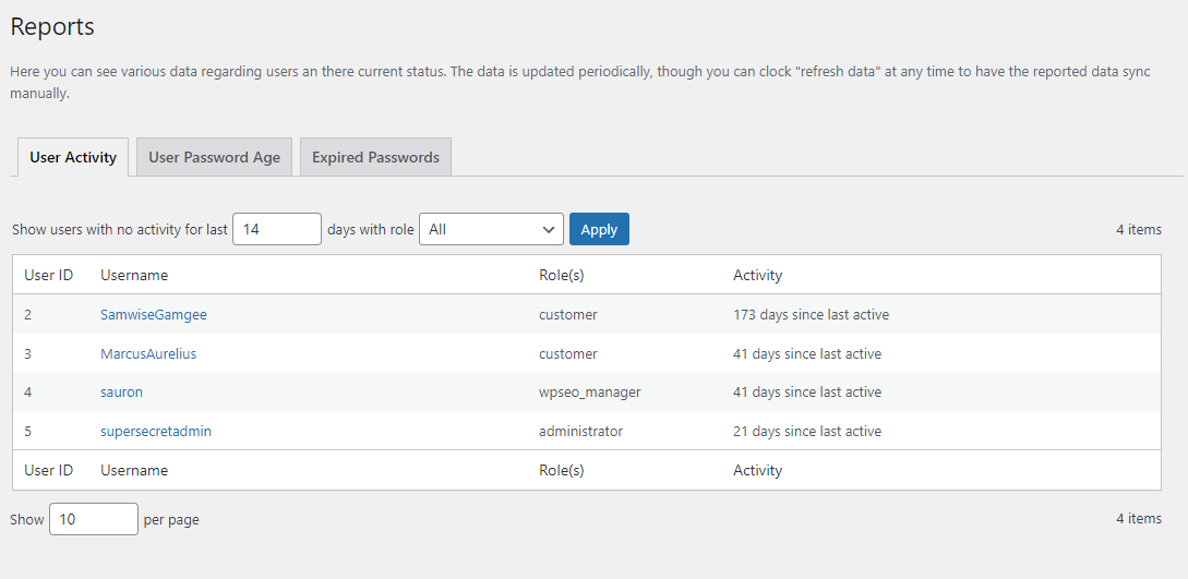 In the Premium edition the Reports allow you to see the last time users were active, the last time they reset their password, and those users with an expired password.