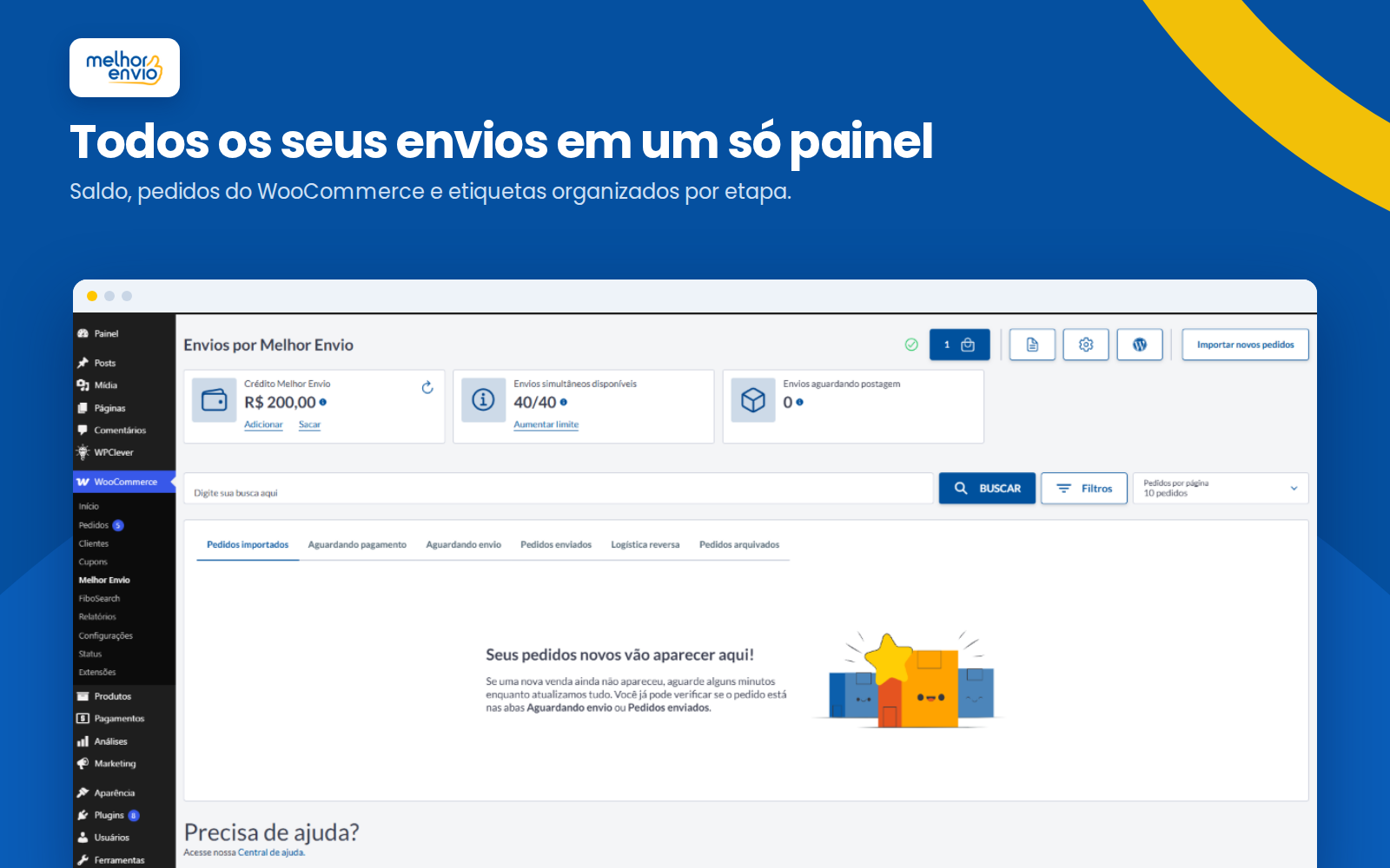 Painel do Melhor Envio no admin do WordPress