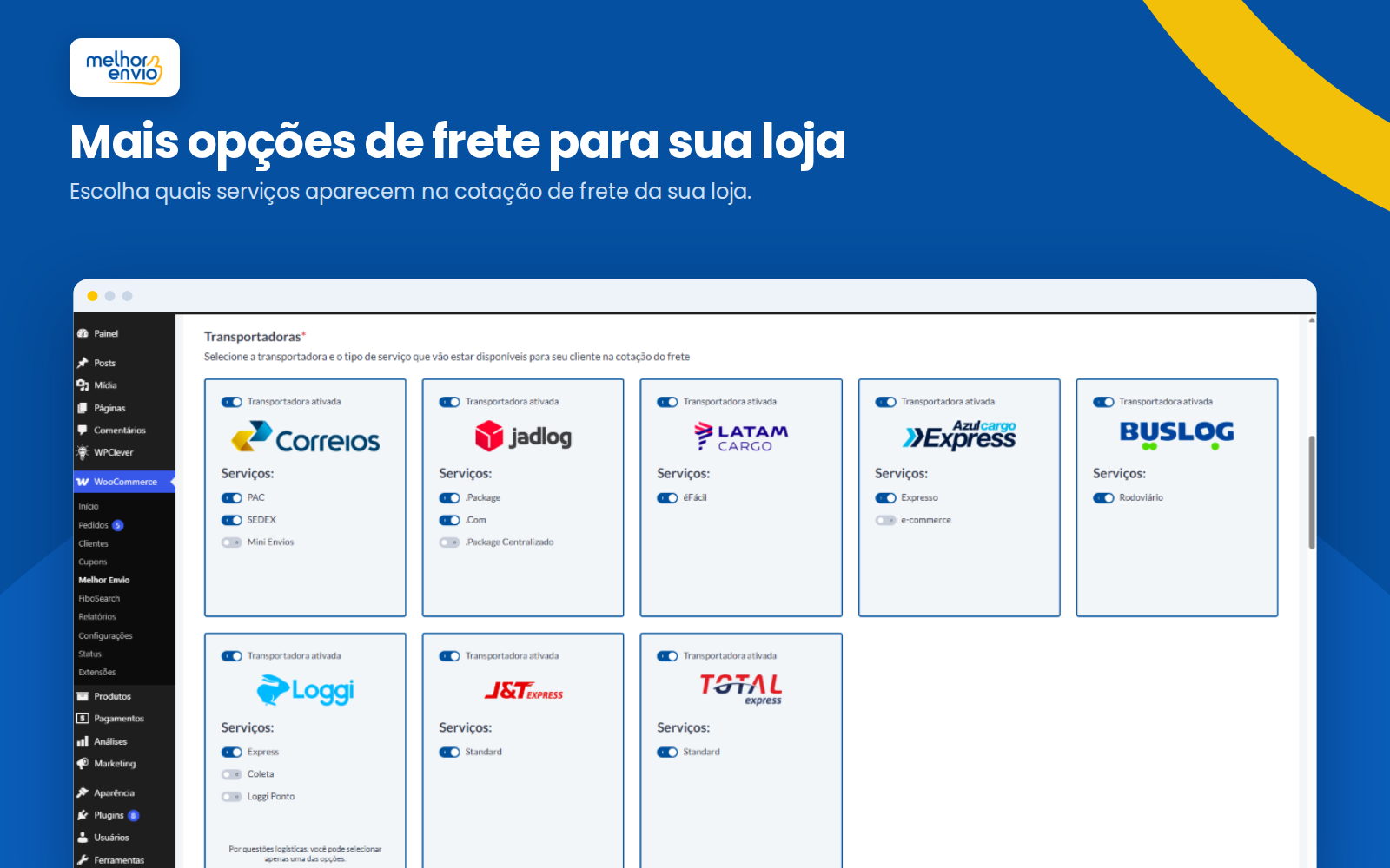 Seleção das transportadoras e serviços disponíveis na cotação