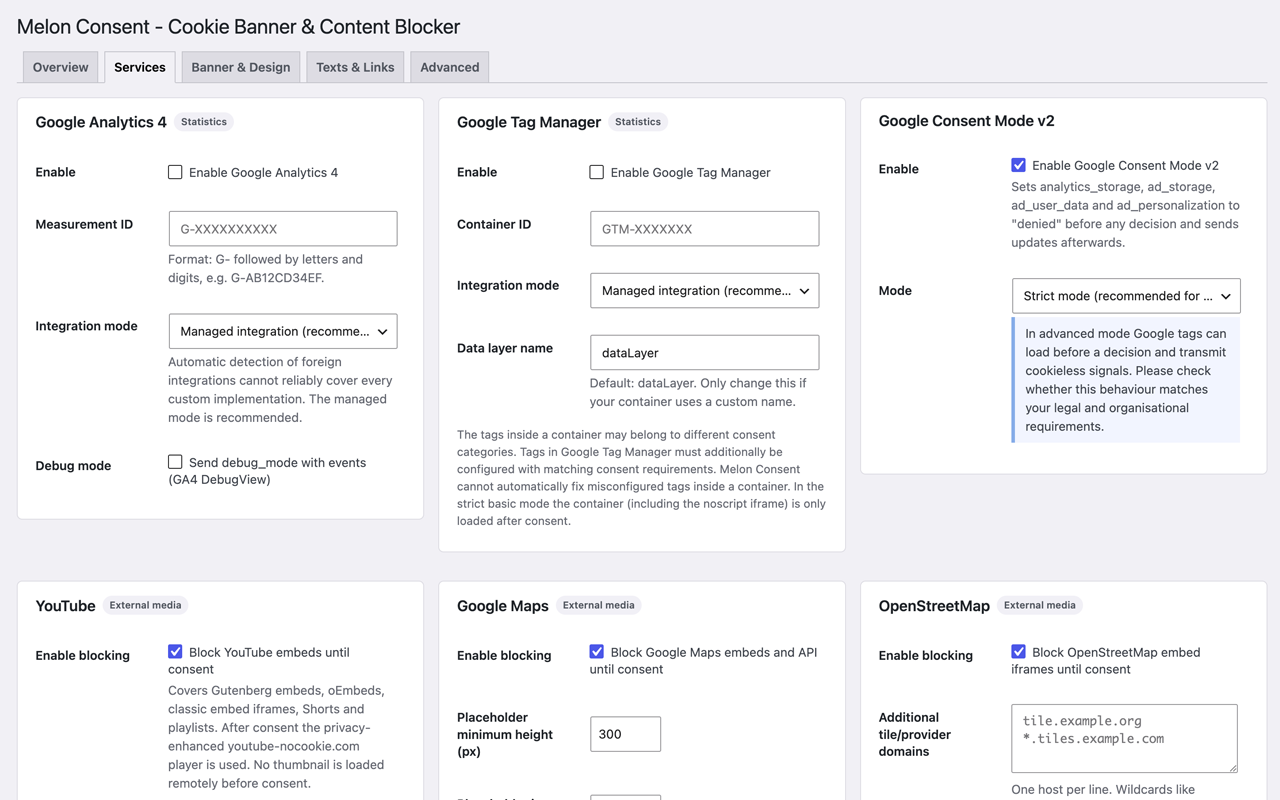 Settings dialog with category and service toggles