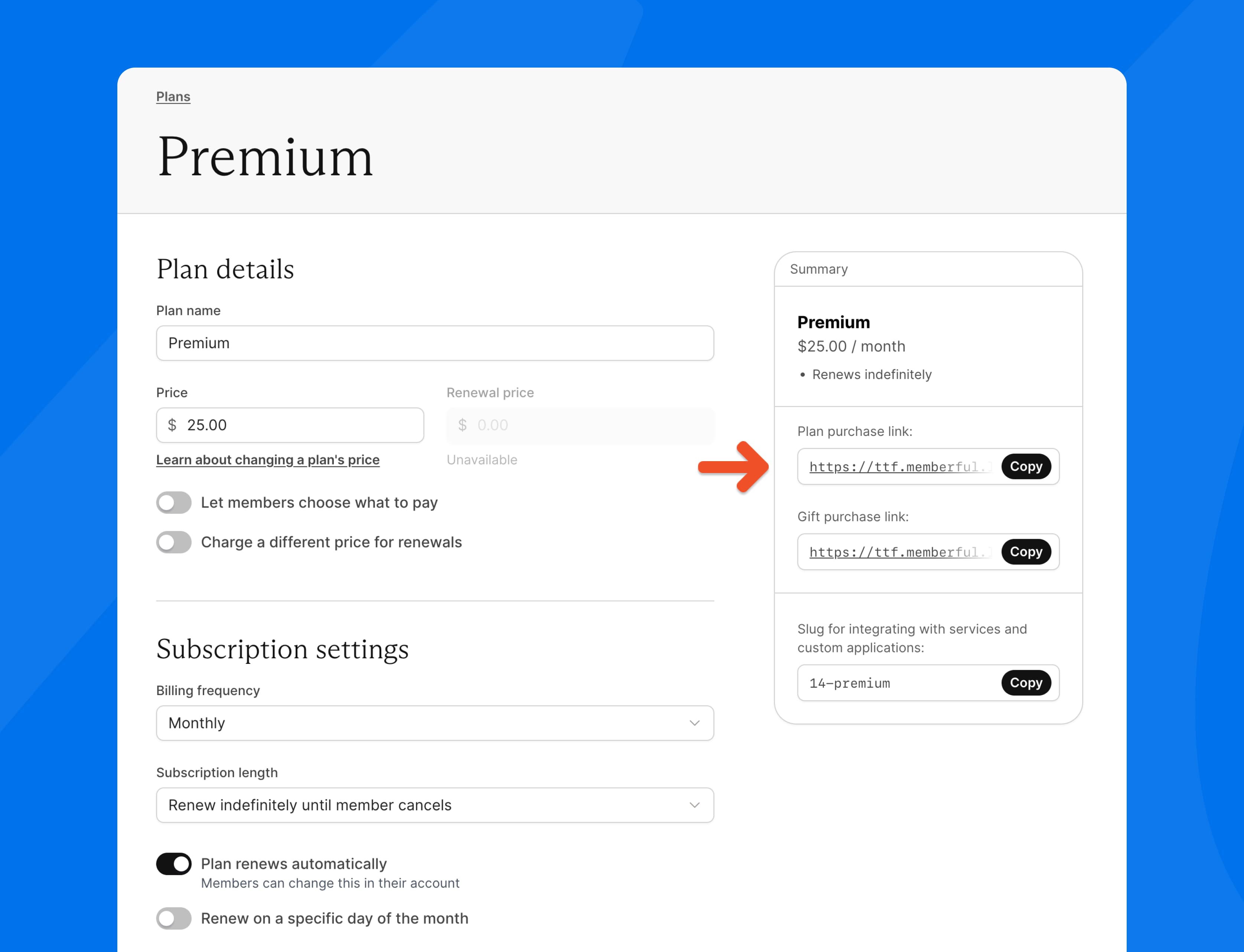 Copy plan purchase links