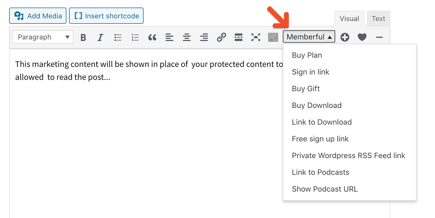 Access shortcodes via the Memberful editor button