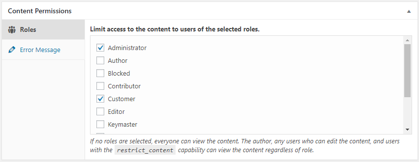 Meta box de permissões de conteúdo (tela de edição de página/post)