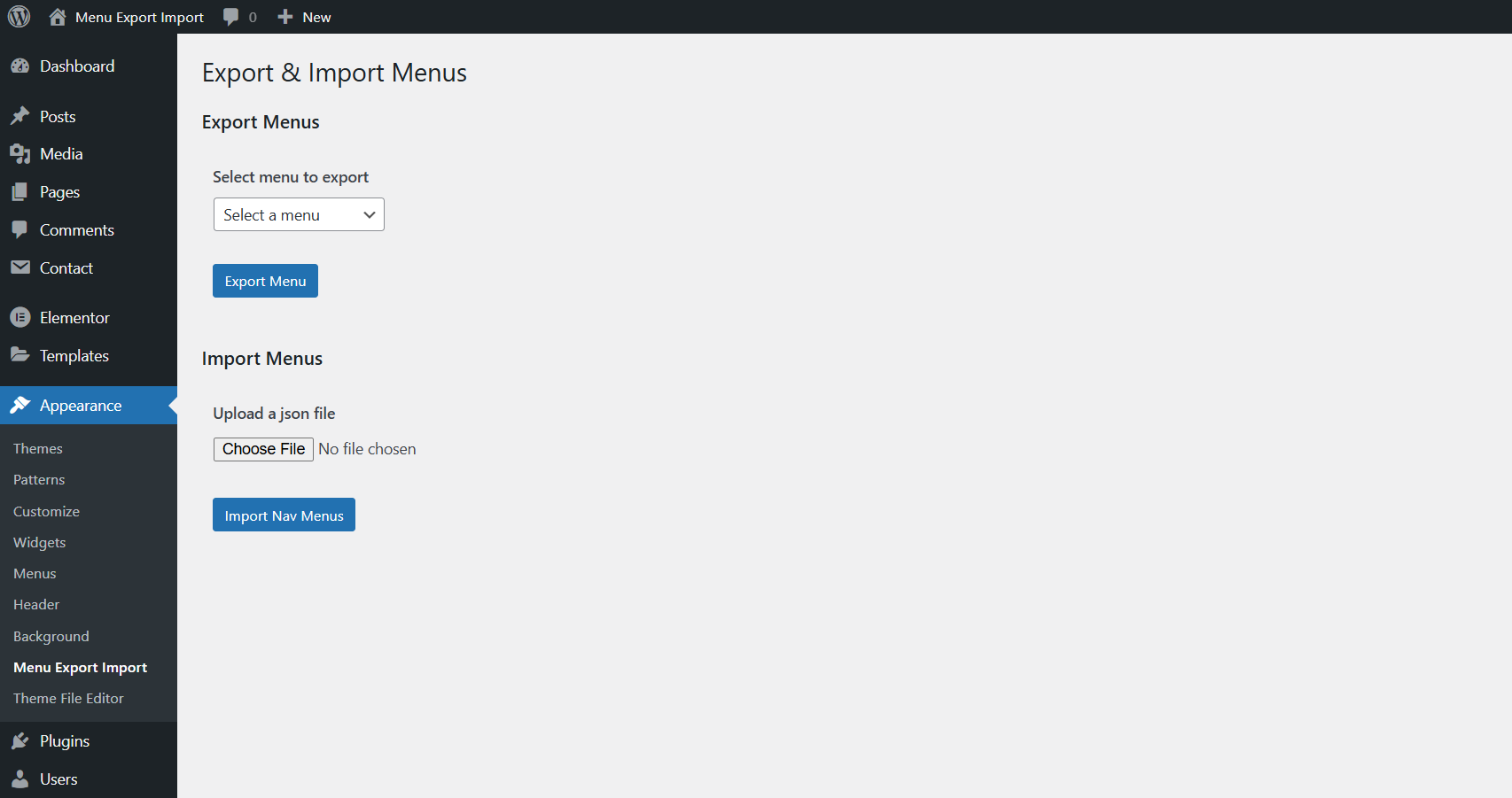 Menu Export/Import Screen - A simple interface for exporting and importing menus.