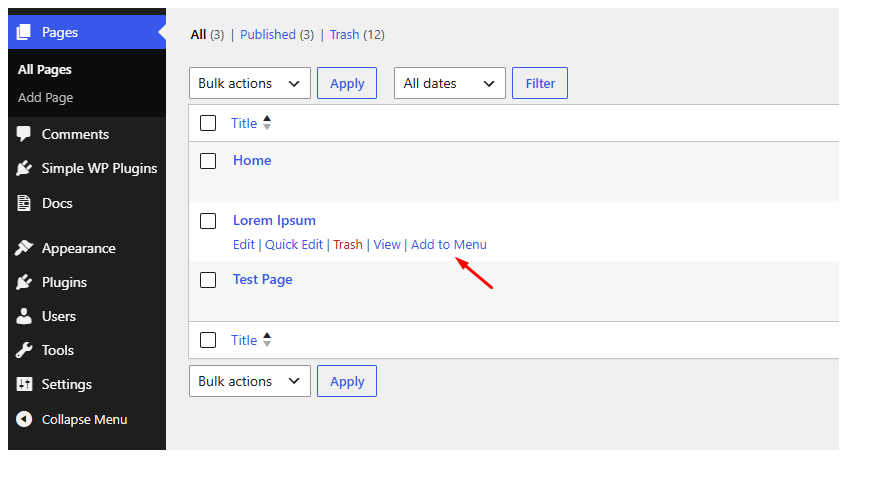 "Add to Menu" row action on the Pages list