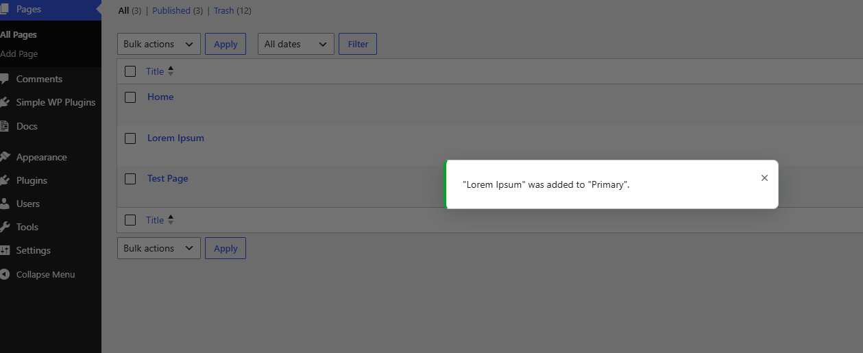 Success popup after a page is added to the menu