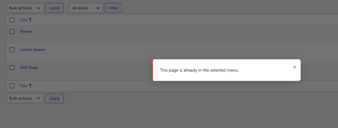 Notice when the page is already in the menu