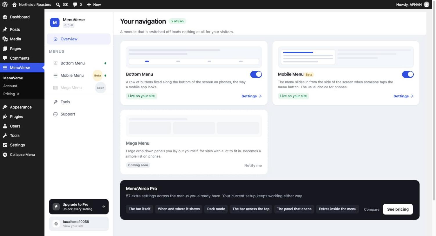 The MenuVerse dashboard with module cards and a live phone preview.
