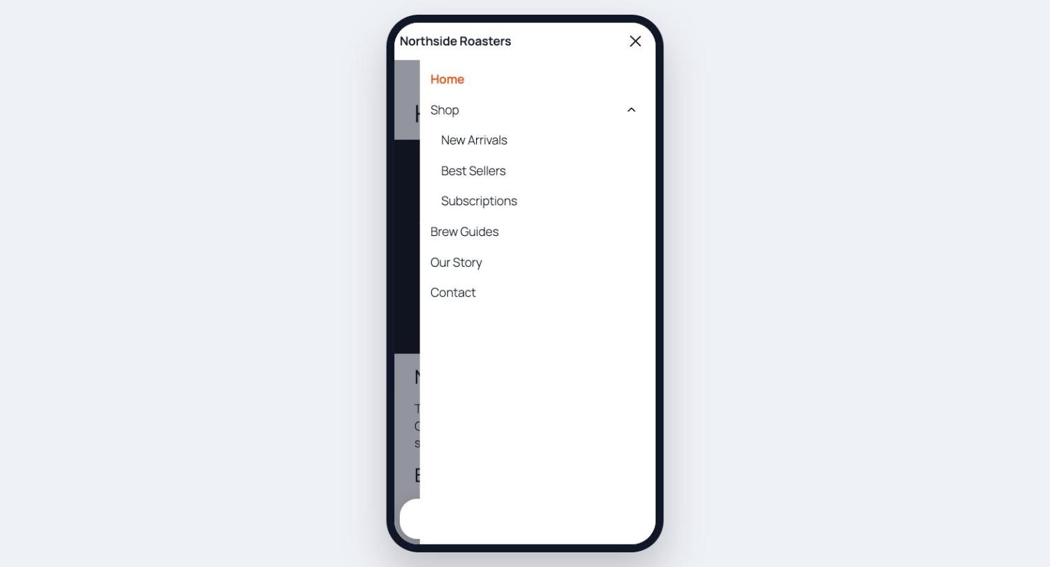 The mobile menu off-canvas panel open on a phone frame.