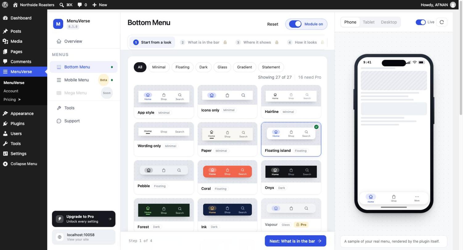 Bottom bar settings with ready-made looks and step-by-step controls.