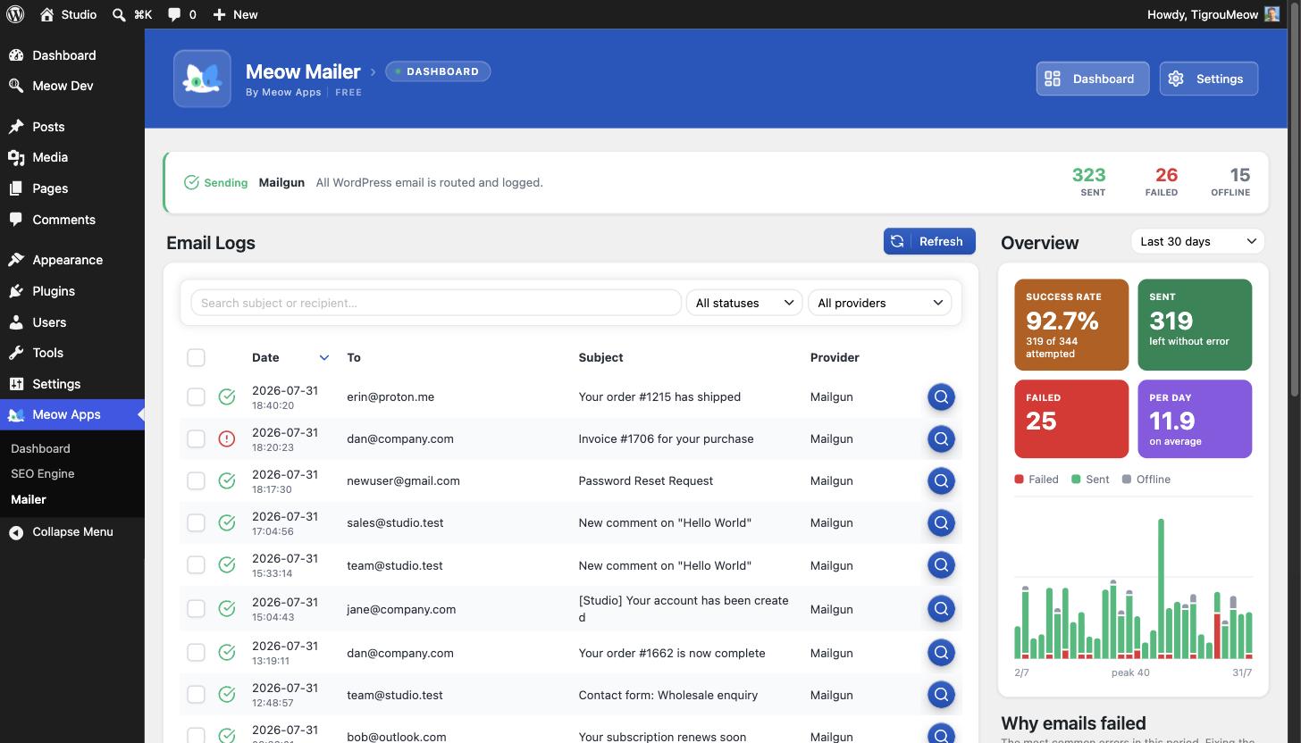 The dashboard: how much was sent, how much failed, the volume day by day, and every email beside it. Search, filter by status or provider, and export to CSV.