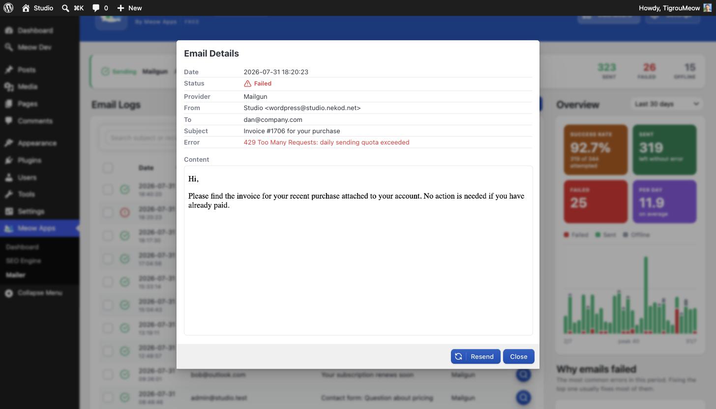 Any logged email opens in full, with its status, its error if it failed, and a one-click resend.