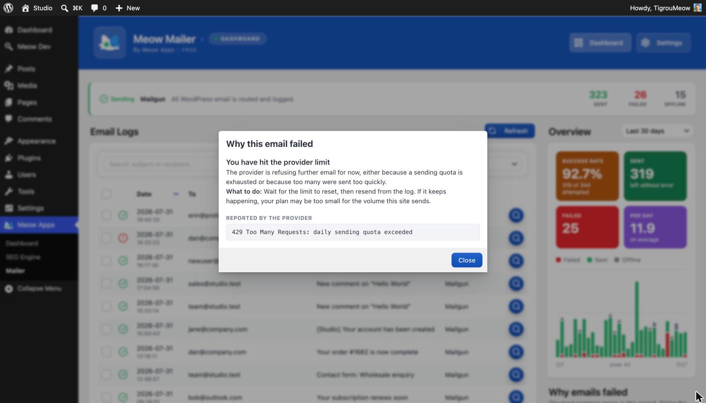 When an email fails, the log explains why in plain language and what to do about it, with the provider's own message underneath.