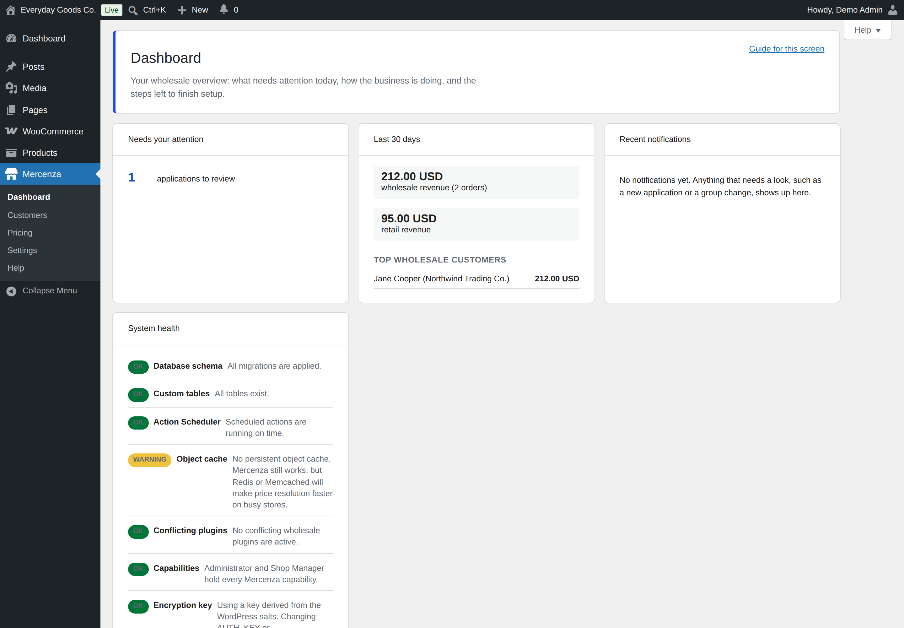 System health flags problems such as a missing persistent object cache or orders whose prices were edited after checkout.