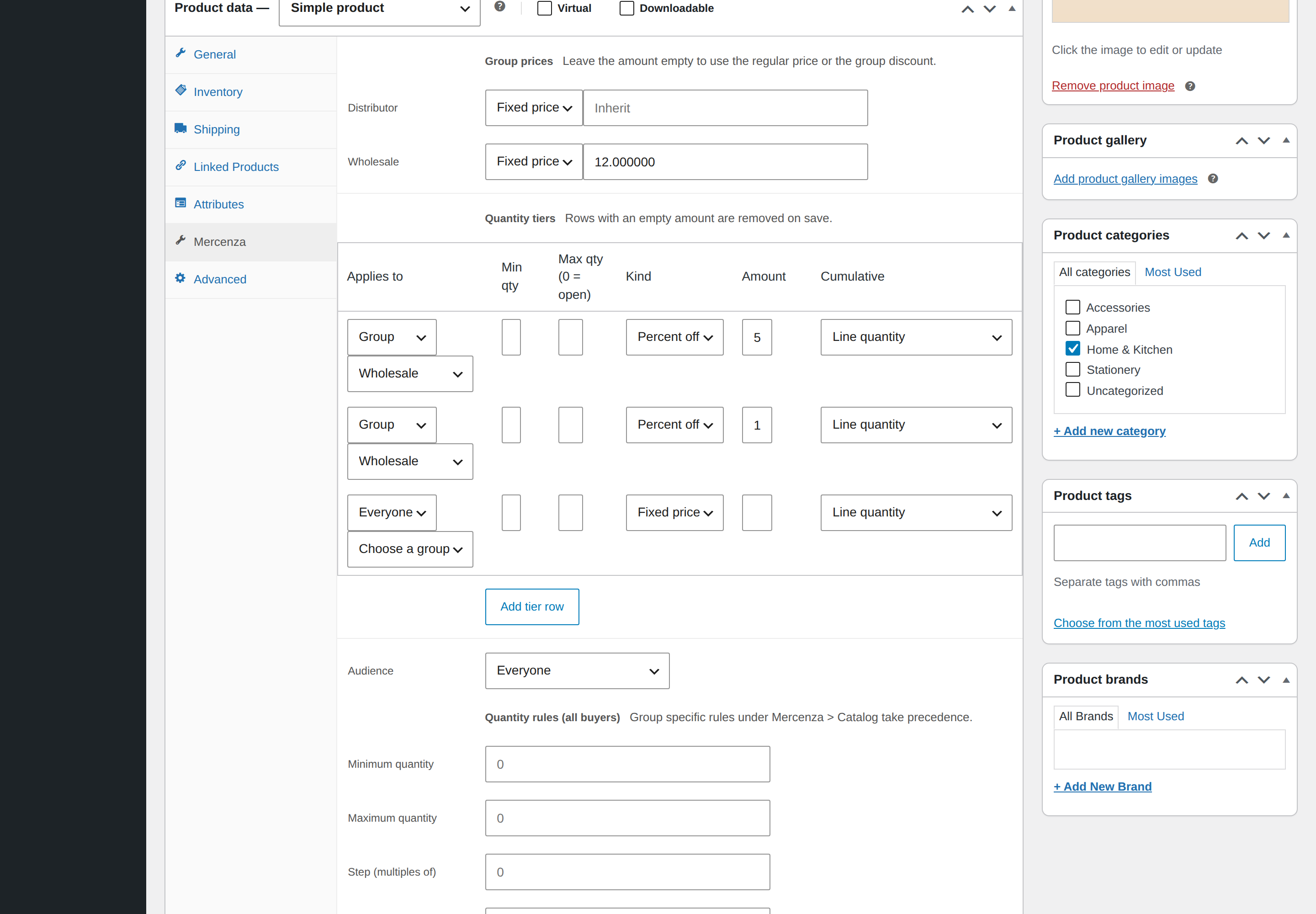Group prices, tiers, audience and wholesale info for one product.