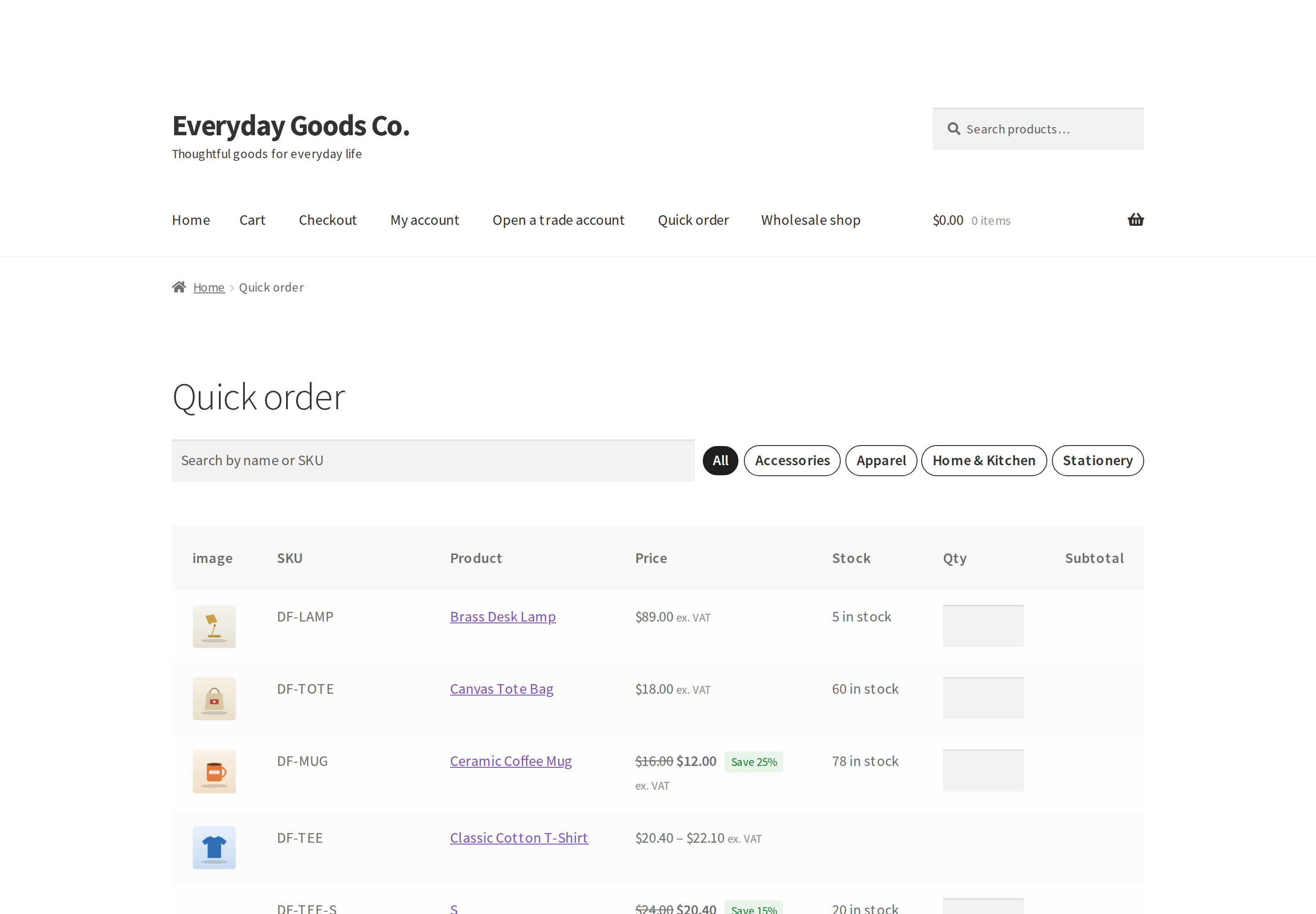 Variations are listed under their product with their own quantity field.