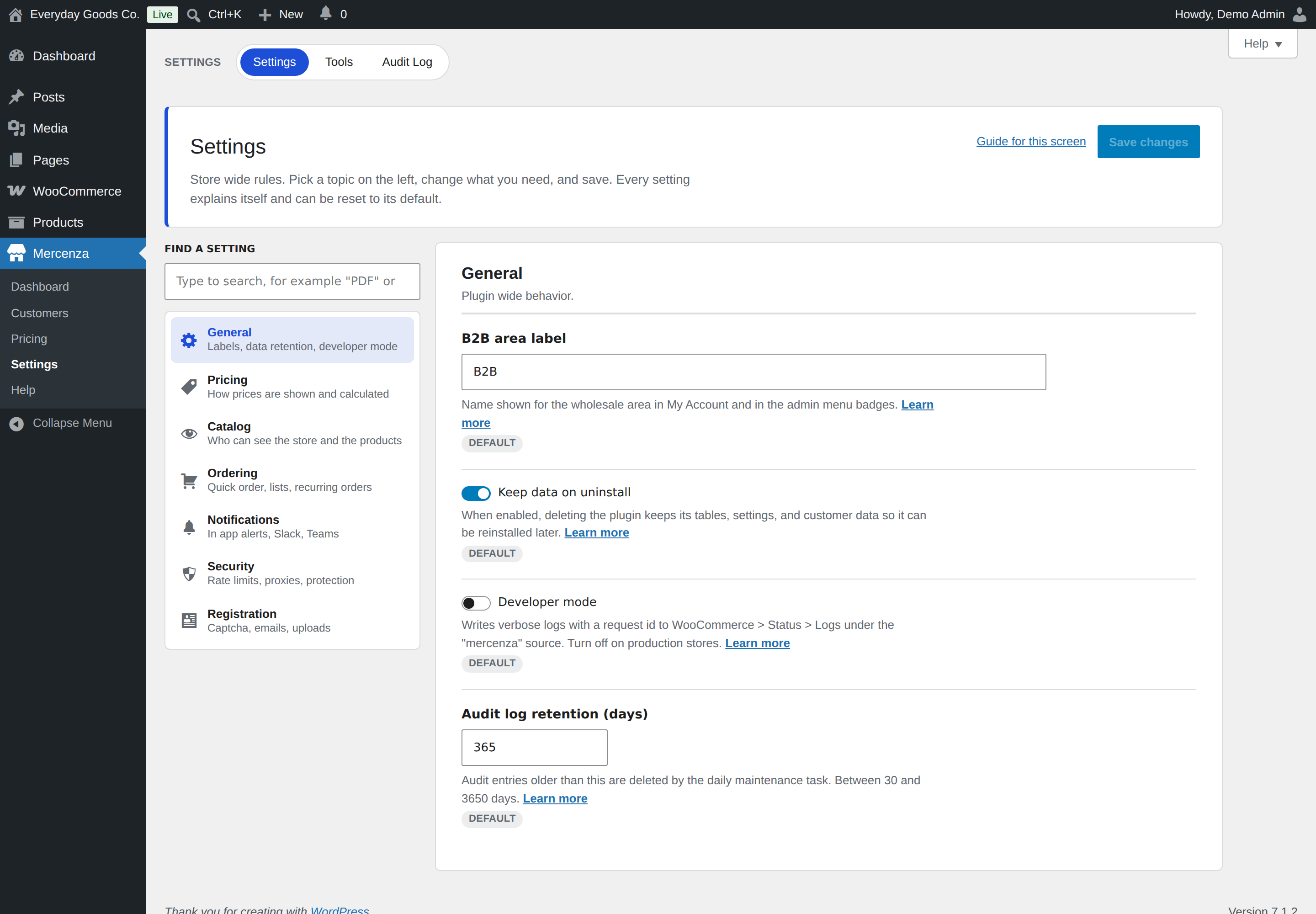 Each topic on the left opens its own group of settings.