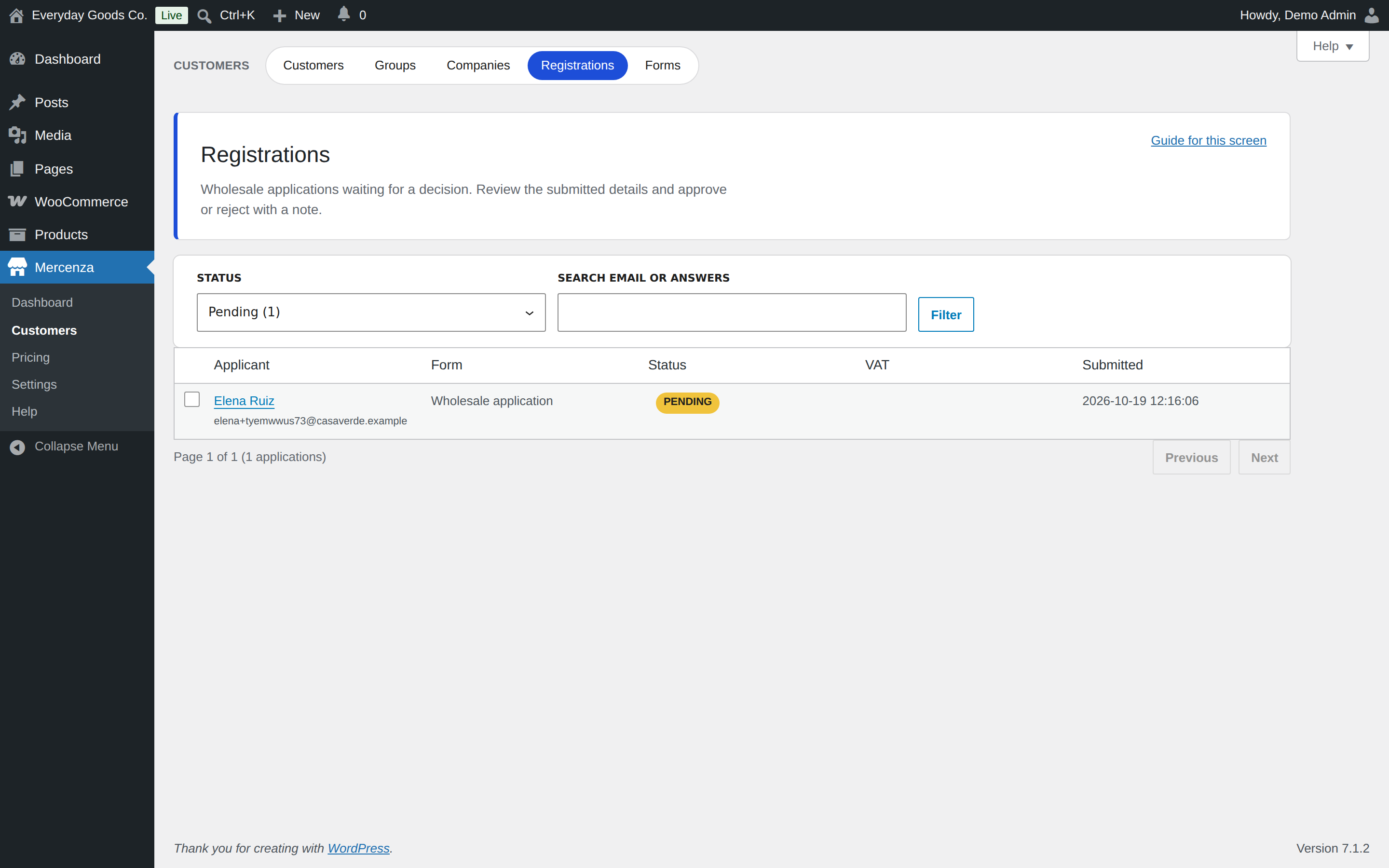 Pending applications show a yellow PENDING badge.