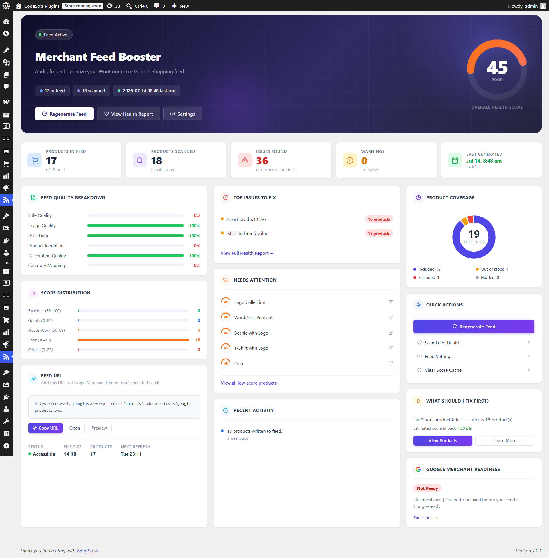 Dashboard — store-wide health score gauge, feed status, top issues, and lowest-scored products.