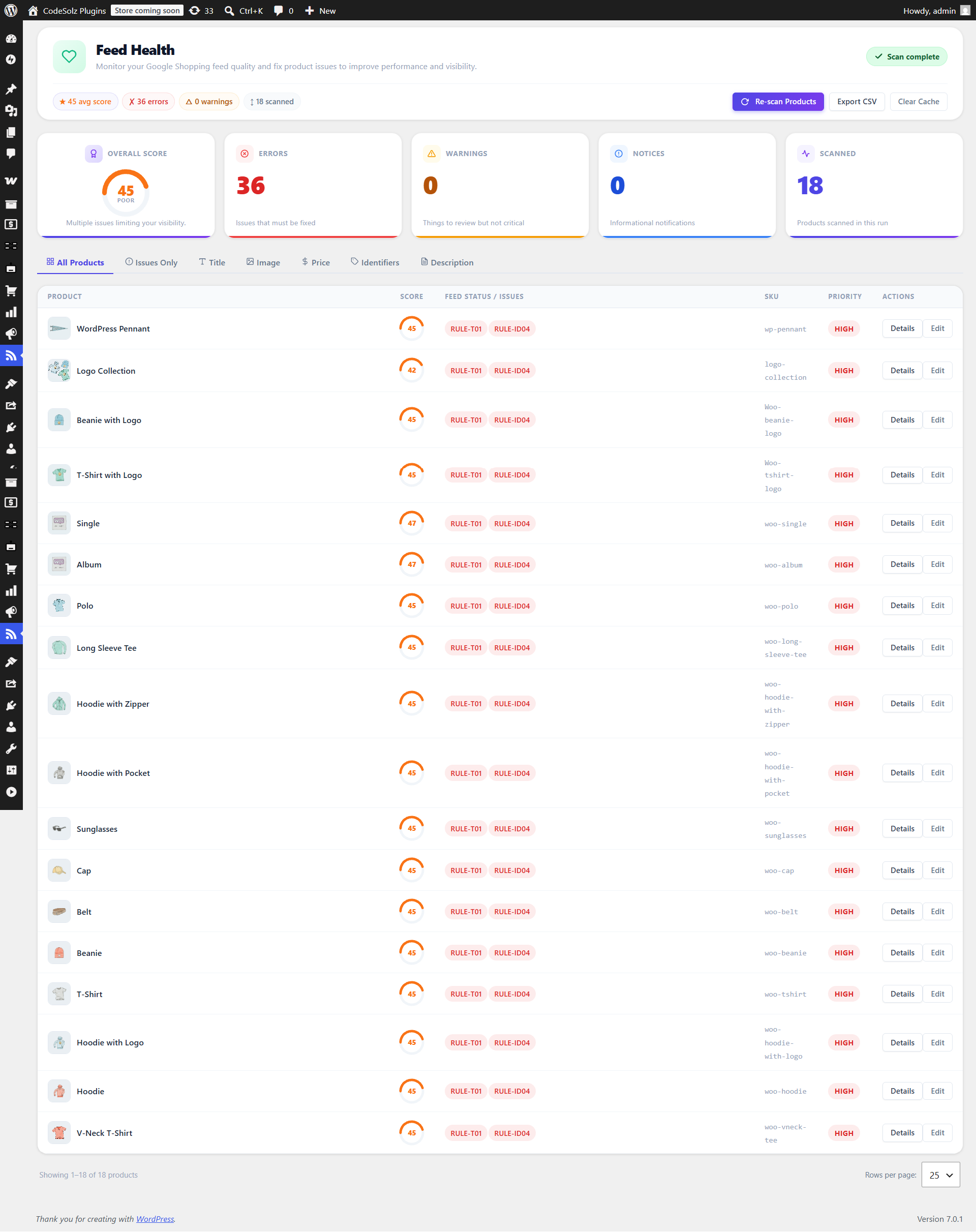 Feed Health — score badges, filter tabs, and expandable per-product rule details with fix hints.