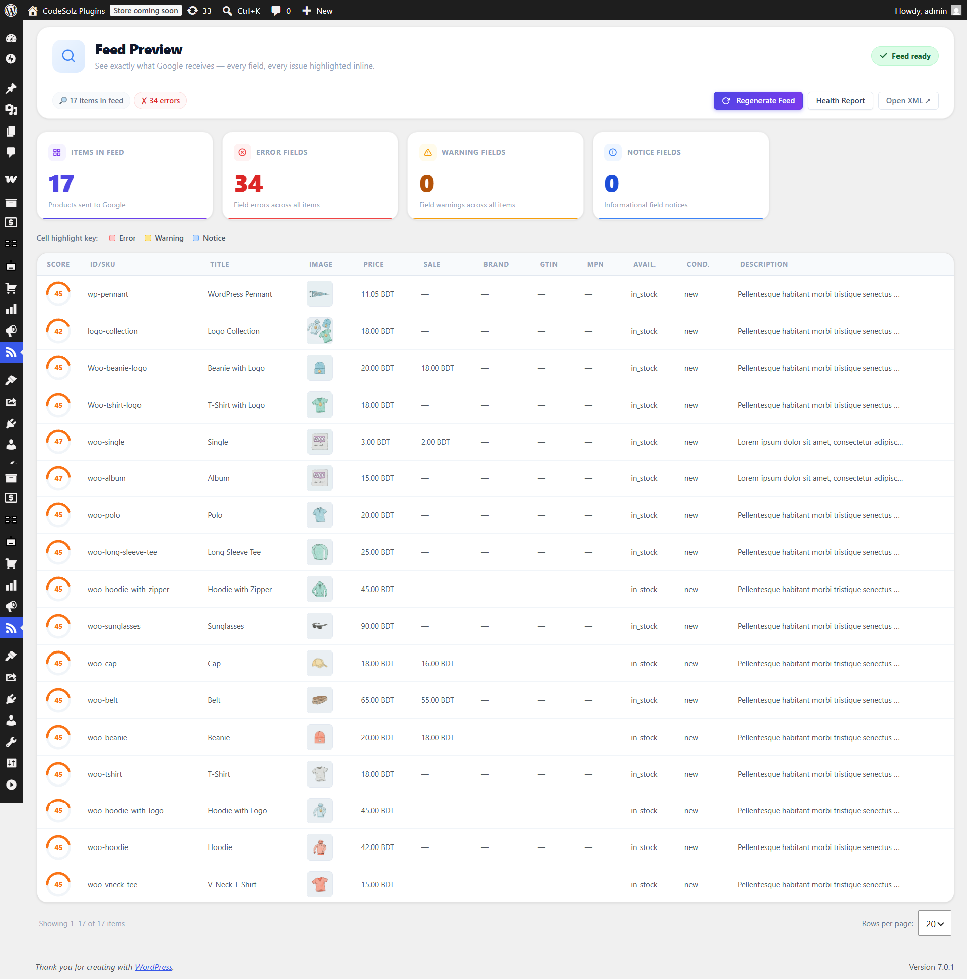 Feed Preview — live table view of feed items with per-cell issue highlighting.