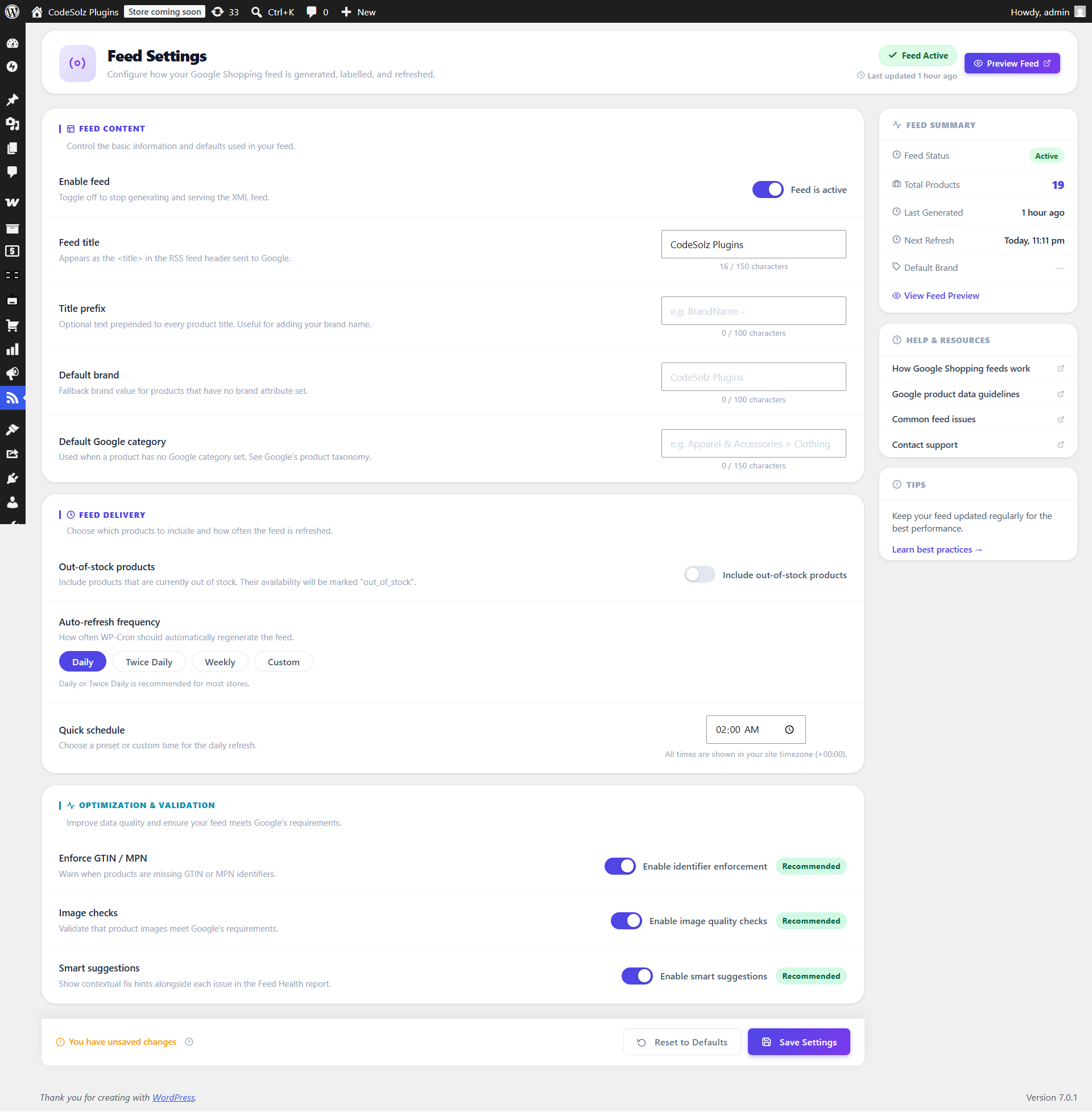 Settings — feed configuration, schedule, and validation options.