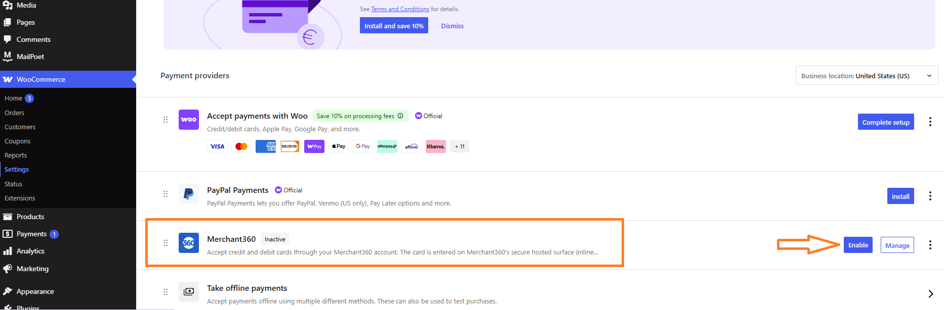 Merchant360 in the WooCommerce Payments list.