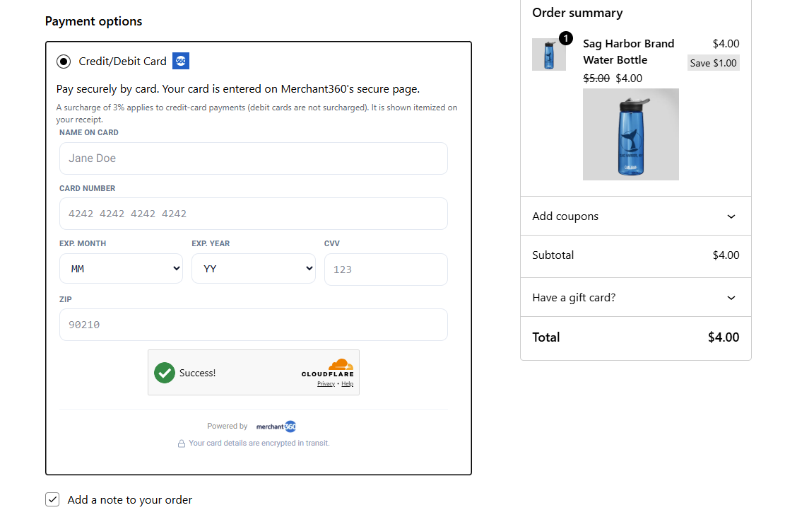 The secure card form embedded inline in the checkout, with the surcharge notice.