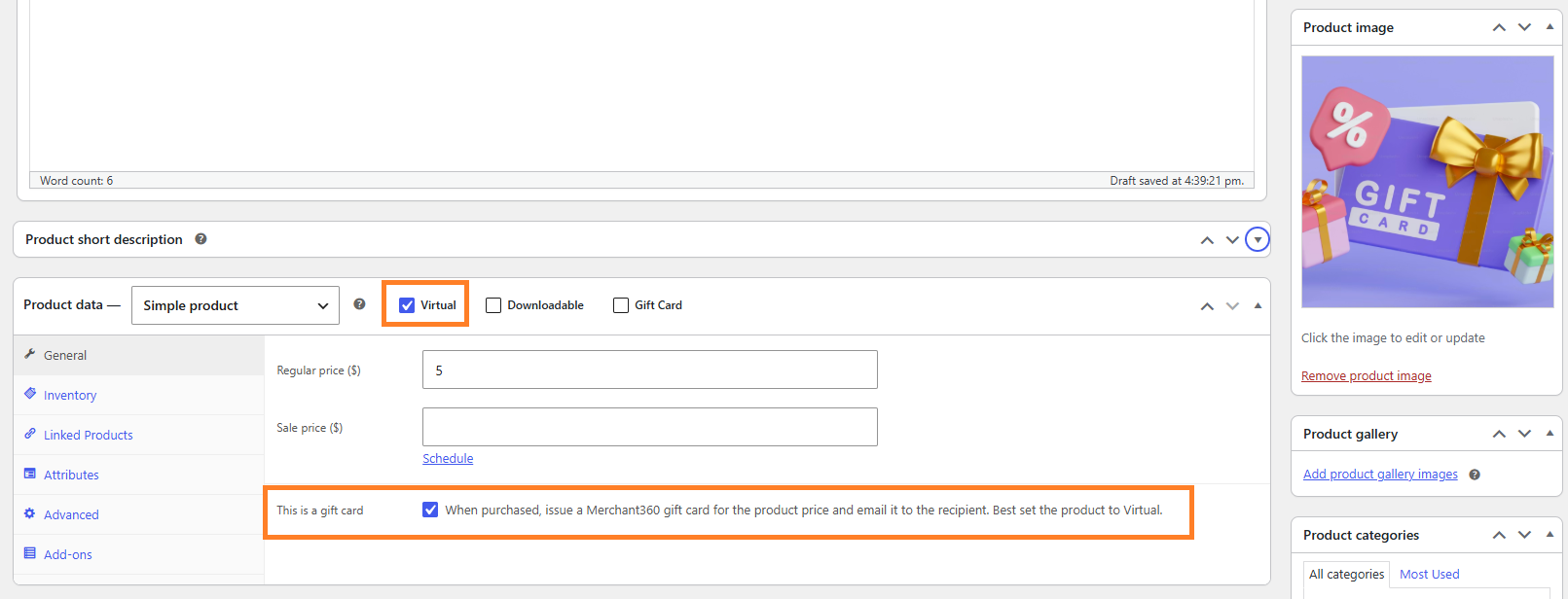Selling gift cards: the "This is a gift card" product toggle.